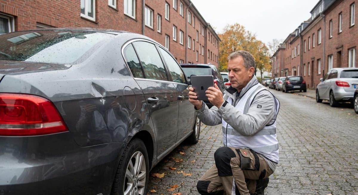 Kfz-Gutachter aus Herne bei der Schadenaufnahme an einem Unfallfahrzeug per Tablet