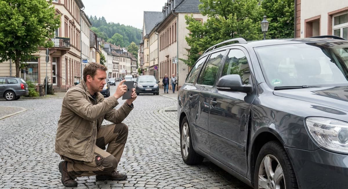 Kfz-Gutachter aus Wuppertal bei der Schadenaufnahme an einem Unfallfahrzeug per Tablet