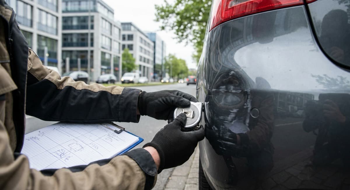 Neutrale Kfz-Schadenbegutachtung in Dortmund Kfz-Sachverständiger dokumentiert einen Fahrzeugschaden bei der Begutachtung in Dortmund