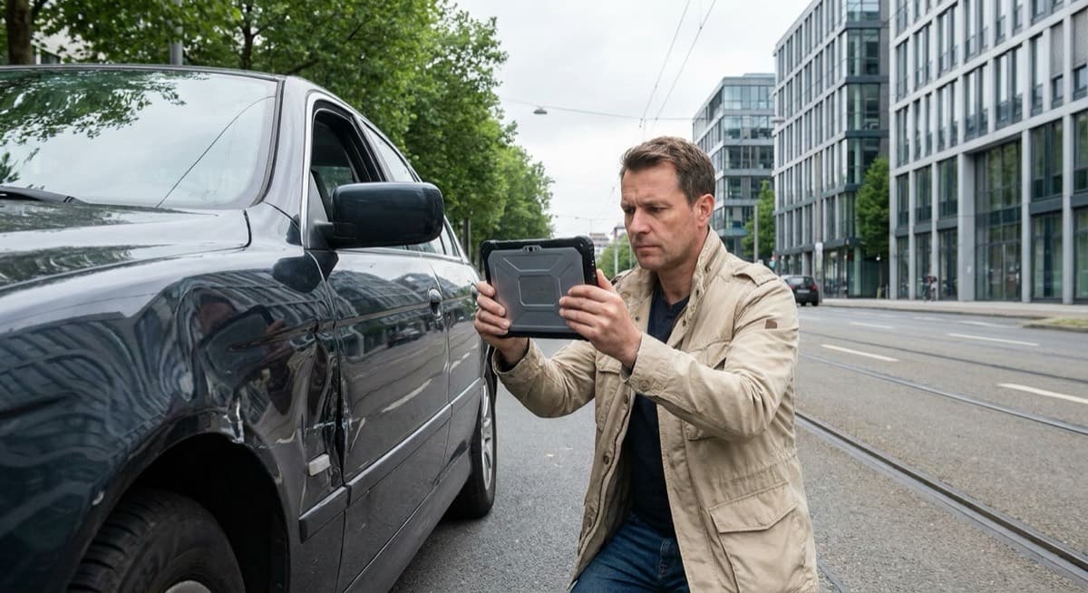 Schadenaufnahme vor Ort durch den Kfz-Gutachter in Dortmund Kfz-Gutachter aus Dortmund bei der Schadenaufnahme an einem Unfallfahrzeug per Tablet