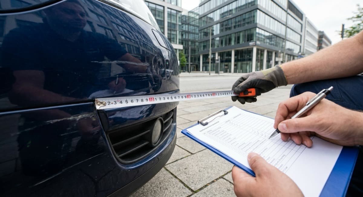 Neutrale Kfz-Schadenbegutachtung in Düsseldorf Kfz-Sachverständiger dokumentiert einen Fahrzeugschaden bei der Begutachtung in Düsseldorf