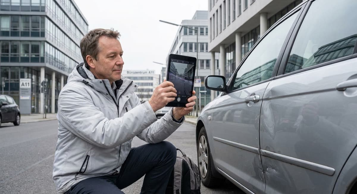 Schadenaufnahme vor Ort durch den Kfz-Gutachter in Düsseldorf Kfz-Gutachter aus Düsseldorf bei der Schadenaufnahme an einem Unfallfahrzeug per Tablet