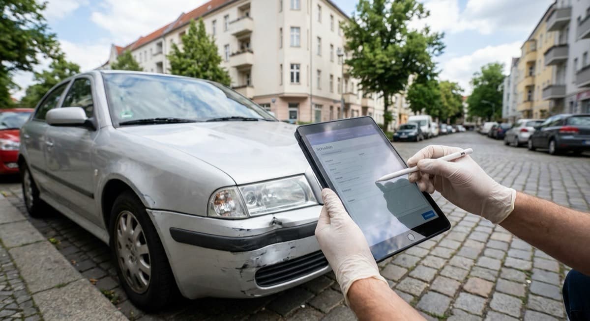 Schadenaufnahme vor Ort durch den Kfz-Gutachter in Essen Kfz-Gutachter aus Essen bei der Schadenaufnahme an einem Unfallfahrzeug per Tablet
