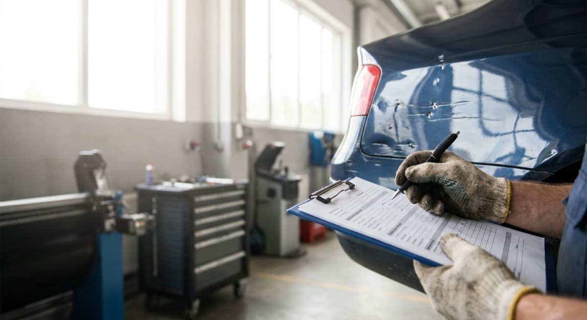 Neutrale Kfz-Schadenbegutachtung in Essen Kfz-Sachverständiger dokumentiert einen Fahrzeugschaden bei der Begutachtung in Essen