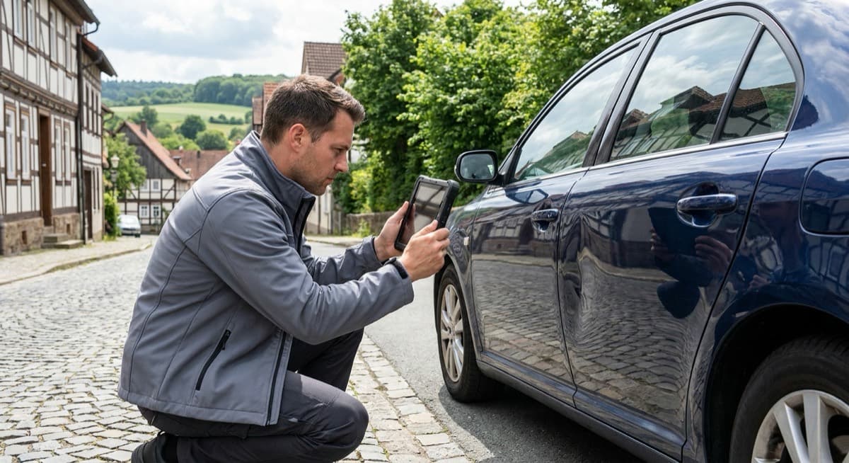 Schadenaufnahme vor Ort durch den Kfz-Gutachter in Hagen Kfz-Gutachter aus Hagen bei der Schadenaufnahme an einem Unfallfahrzeug per Tablet