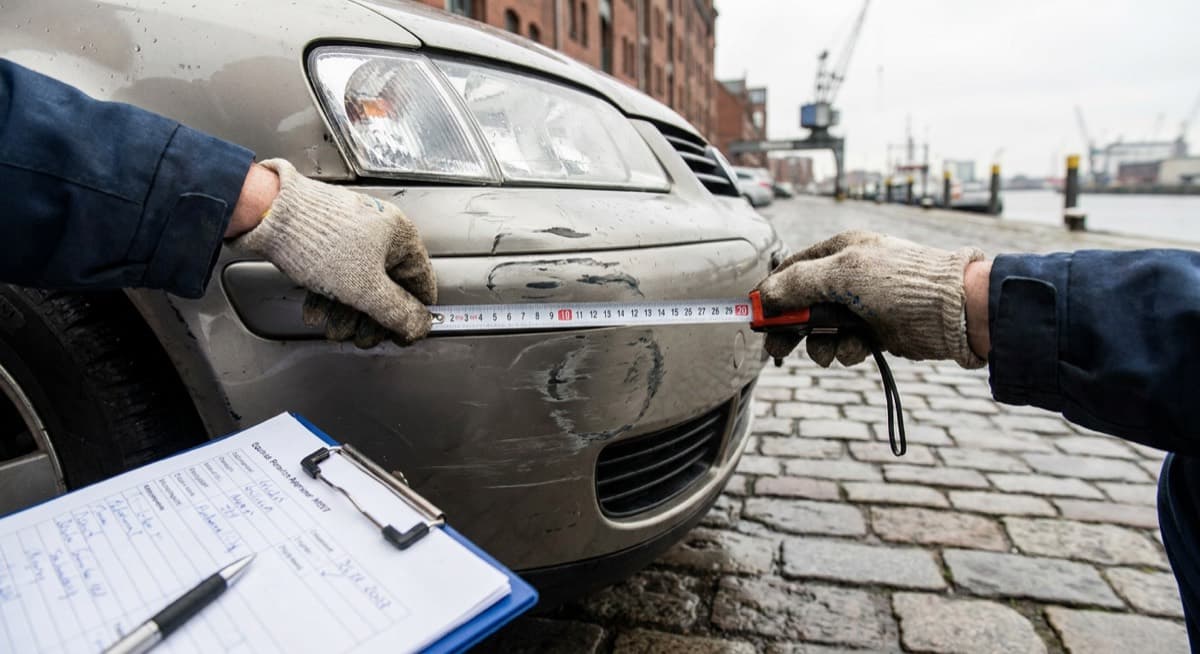 Neutrale Kfz-Schadenbegutachtung in Hamburg Kfz-Sachverständiger dokumentiert einen Fahrzeugschaden bei der Begutachtung in Hamburg