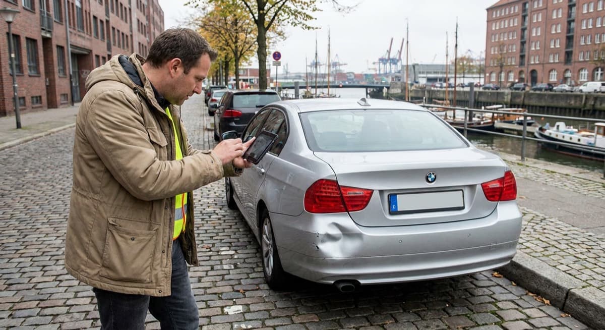 Schadenaufnahme vor Ort durch den Kfz-Gutachter in Hamburg Kfz-Gutachter aus Hamburg bei der Schadenaufnahme an einem Unfallfahrzeug per Tablet