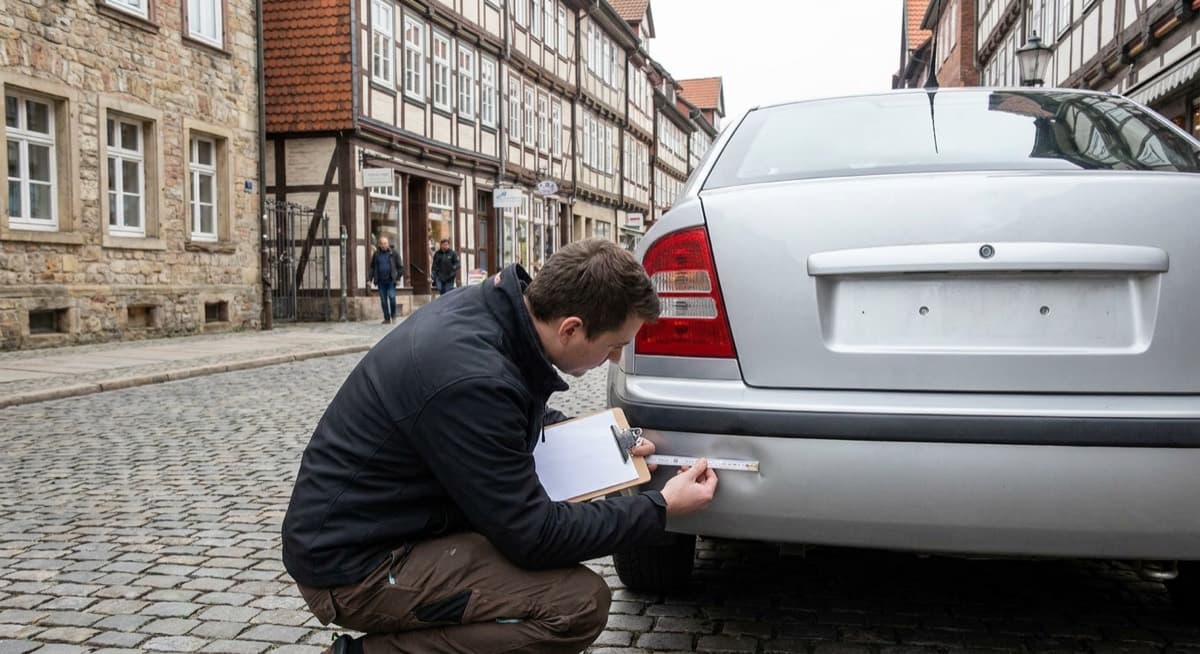 Schadenaufnahme vor Ort durch den Kfz-Gutachter in Frechen Kfz-Gutachter aus Köln bei der Schadenaufnahme an einem Unfallfahrzeug in Frechen