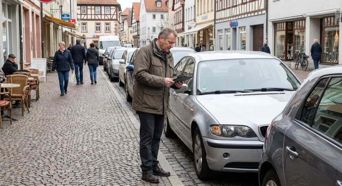 Schadenaufnahme vor Ort durch den Kfz-Gutachter in Hilden Kfz-Gutachter aus Düsseldorf bei der Schadenaufnahme an einem Unfallfahrzeug in Hilden