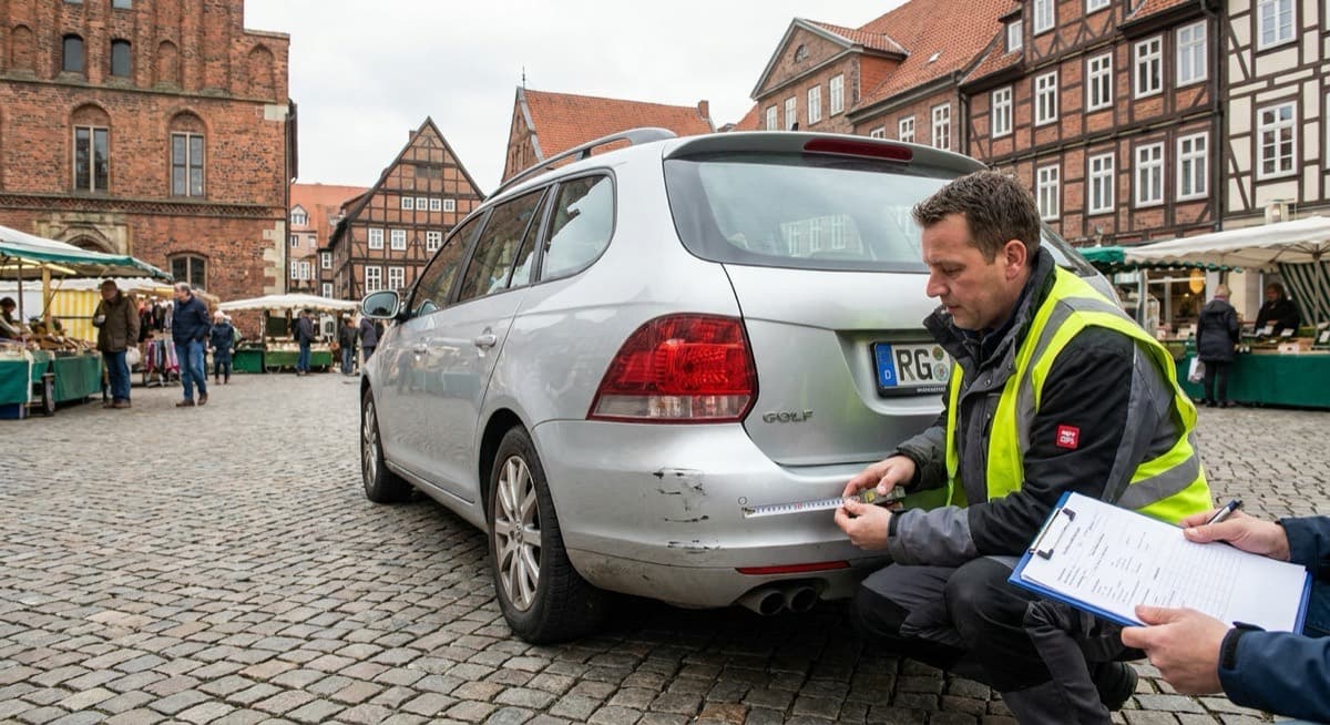 Schadenaufnahme vor Ort durch den Kfz-Gutachter in Unna Kfz-Gutachter aus Dortmund bei der Schadenaufnahme an einem Unfallfahrzeug in Unna