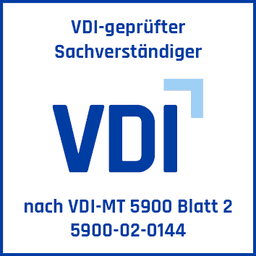 VDI-Prüfzeichen 5900-02-0144 VDI-Prüfzeichen: VDI-geprüfter Sachverständiger nach VDI-MT 5900 Blatt 2, Zertifikat 5900-02-0144
