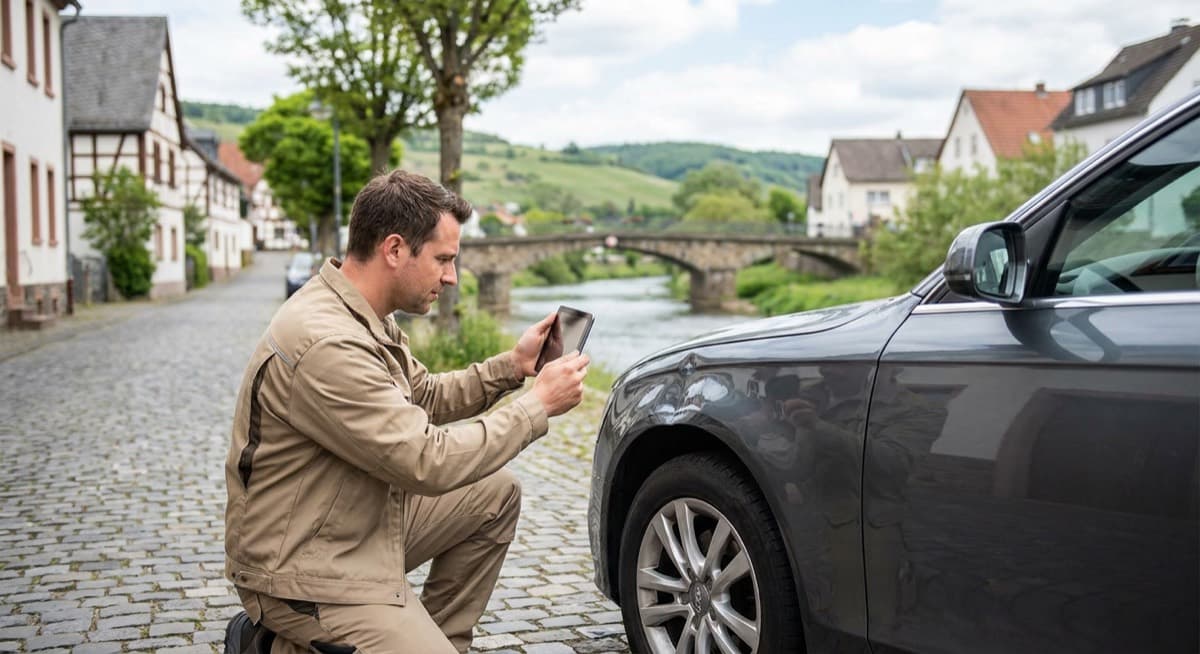 Schadenaufnahme vor Ort durch den Kfz-Gutachter in Wetter Kfz-Gutachter aus Wetter bei der Schadenaufnahme an einem Unfallfahrzeug per Tablet