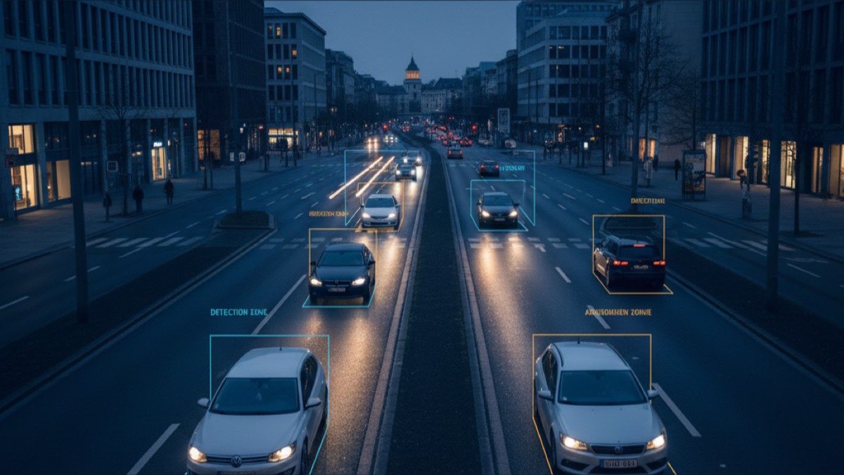 Mehrspurige Stadtstraße aus Blitzer-Perspektive – PoliScan Speed Fahrzeugzuordnung