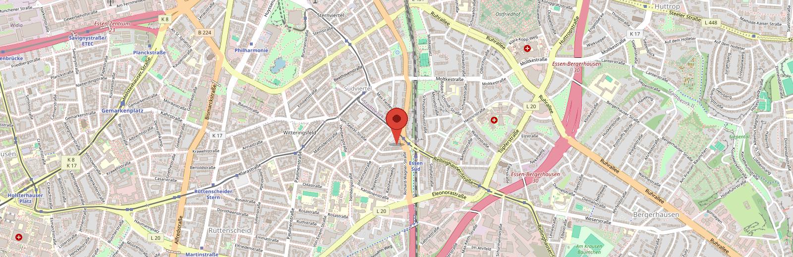 Kartenausschnitt: Standort Kfz Gutachter Essen - Hunger Ingenieurbüro, Rellinghauser Str. 167, 45128 Essen