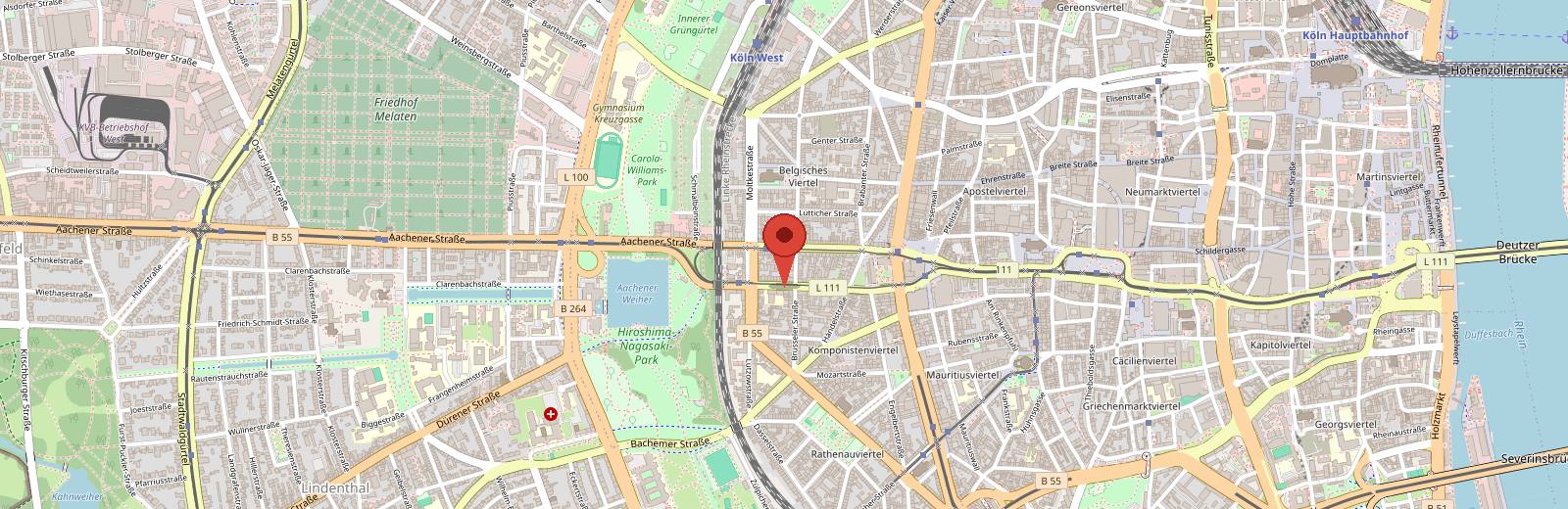 Kartenausschnitt: Standort Kfz Gutachter Köln – Ingenieurbüro Hunger, Aachener Straße 37-39, 50674 Köln