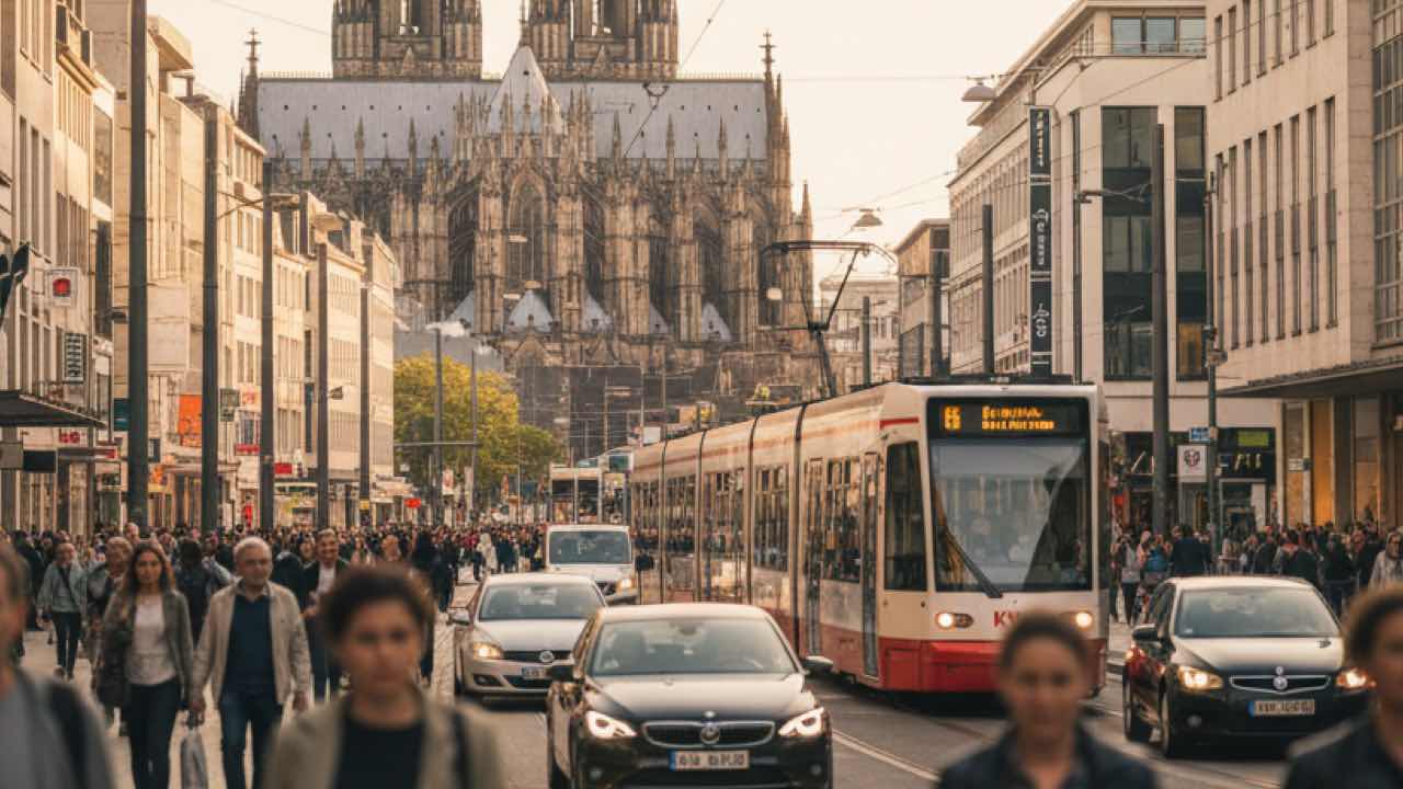 Belebte Einkaufsstraße in der Kölner Innenstadt mit Kölner Dom, Straßenbahn und Autoverkehr