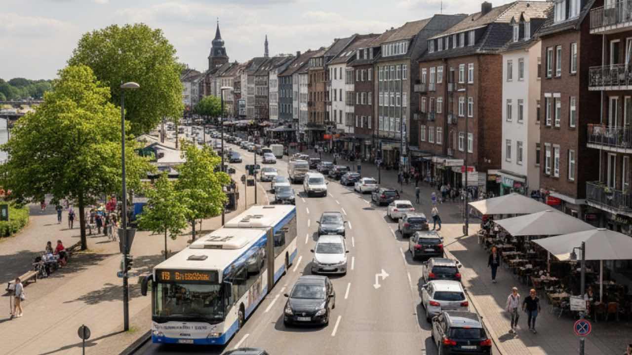 Ortszentrum von Köln-Porz nahe dem Rhein mit Hauptstraße, Bus und Autoverkehr