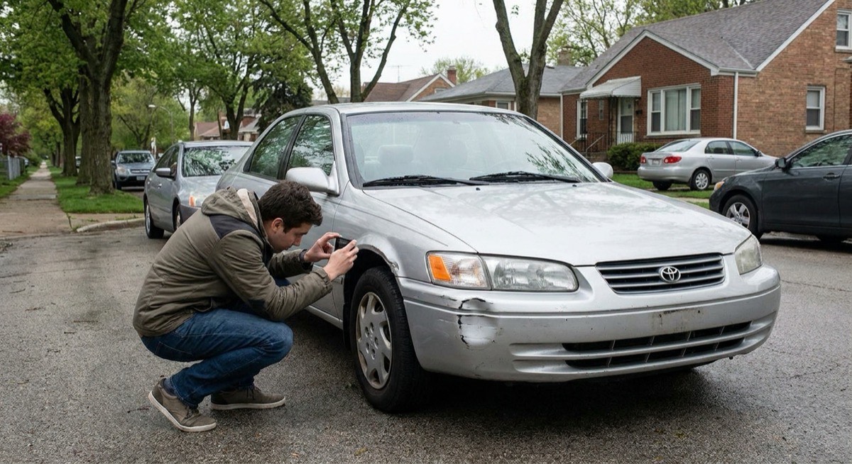 Person fotografiert den Frontschaden eines Autos mit dem Smartphone, um ihn der Versicherung zu melden