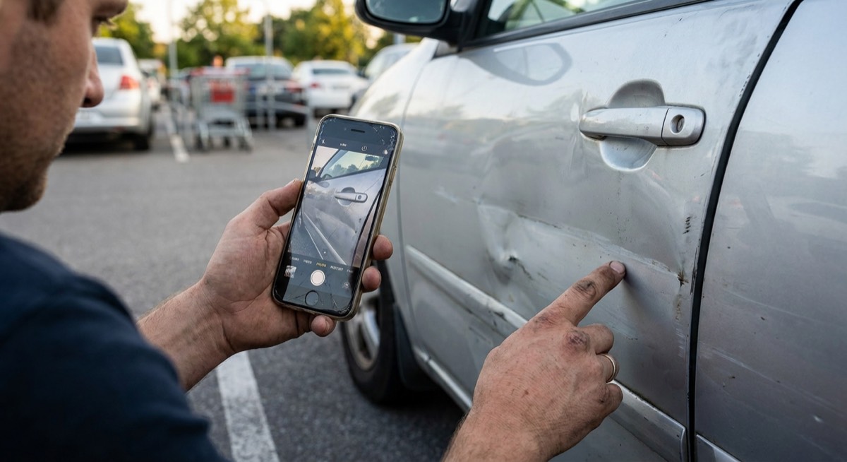 Hände fotografieren mit dem Smartphone einen Schaden an der Autotür zur Dokumentation für die Schadensmeldung