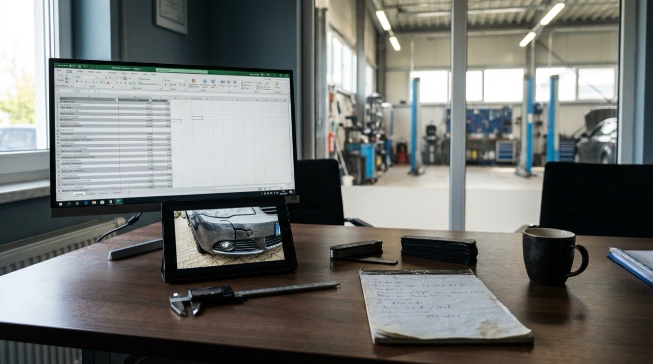 Kfz-Sachverständiger am Schreibtisch mit Kalkulationssoftware auf dem Bildschirm und Tablet mit Schadenfotos – Software im Kfz-Gutachterbüro