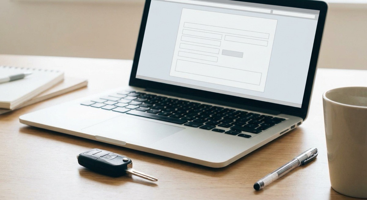 Laptop mit Online-Formular, Autoschlüssel und Stift auf dem Schreibtisch – Kfz-Schaden online melden