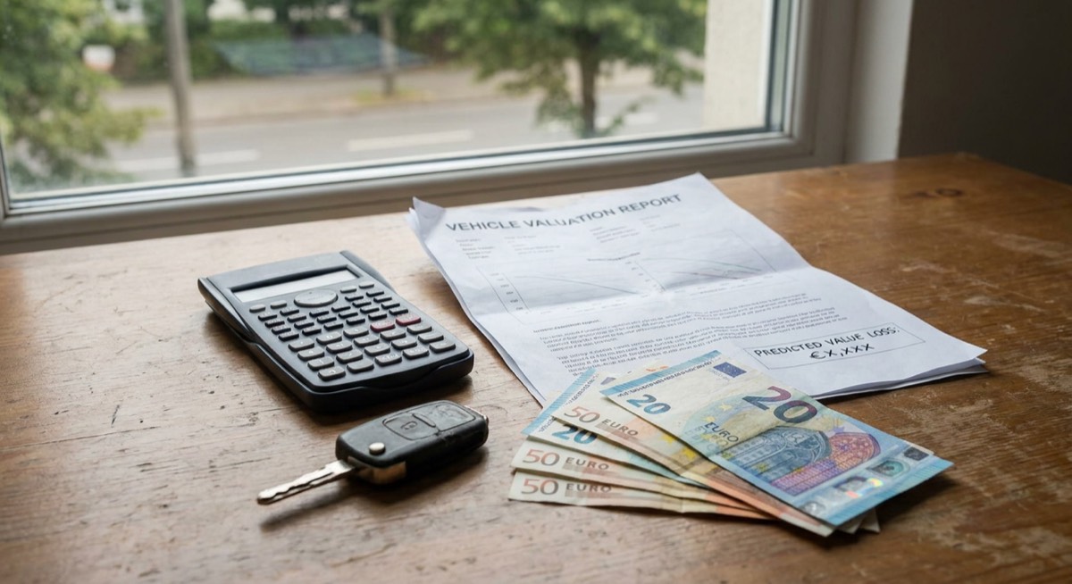 Taschenrechner, Autoschlüssel und Euro-Scheine neben einem Fahrzeugbewertungsdokument – merkantile Wertminderung