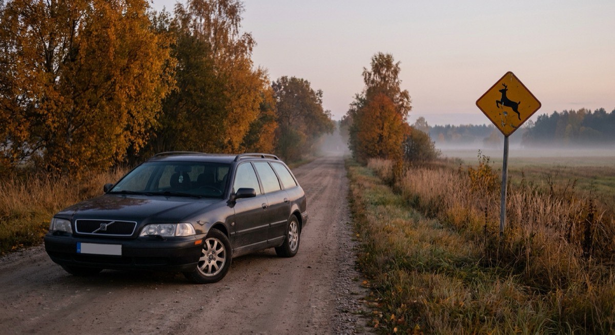 Auto auf einer Landstraße in der Dämmerung neben einem Wildwechsel-Warnschild – Wildunfall